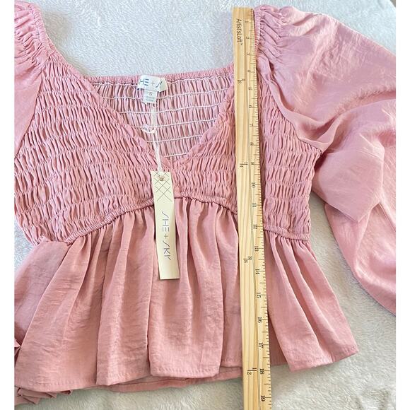 She + Sky Babydoll Smocked Blouse Top Women S Pink Poet Sleeve Romantic Coquette - Picture 8 of 8